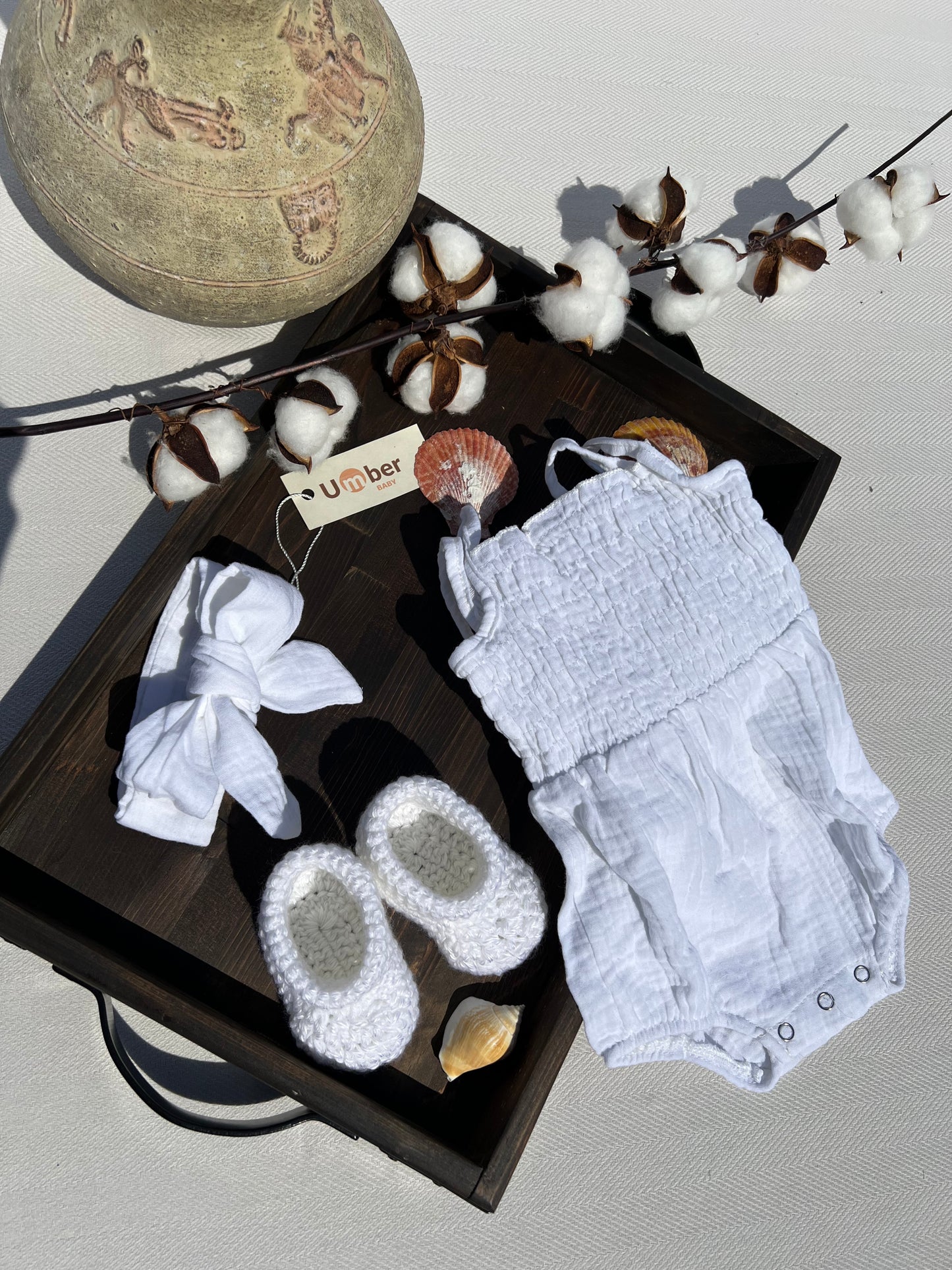 White Baby Romper and Bow Set
