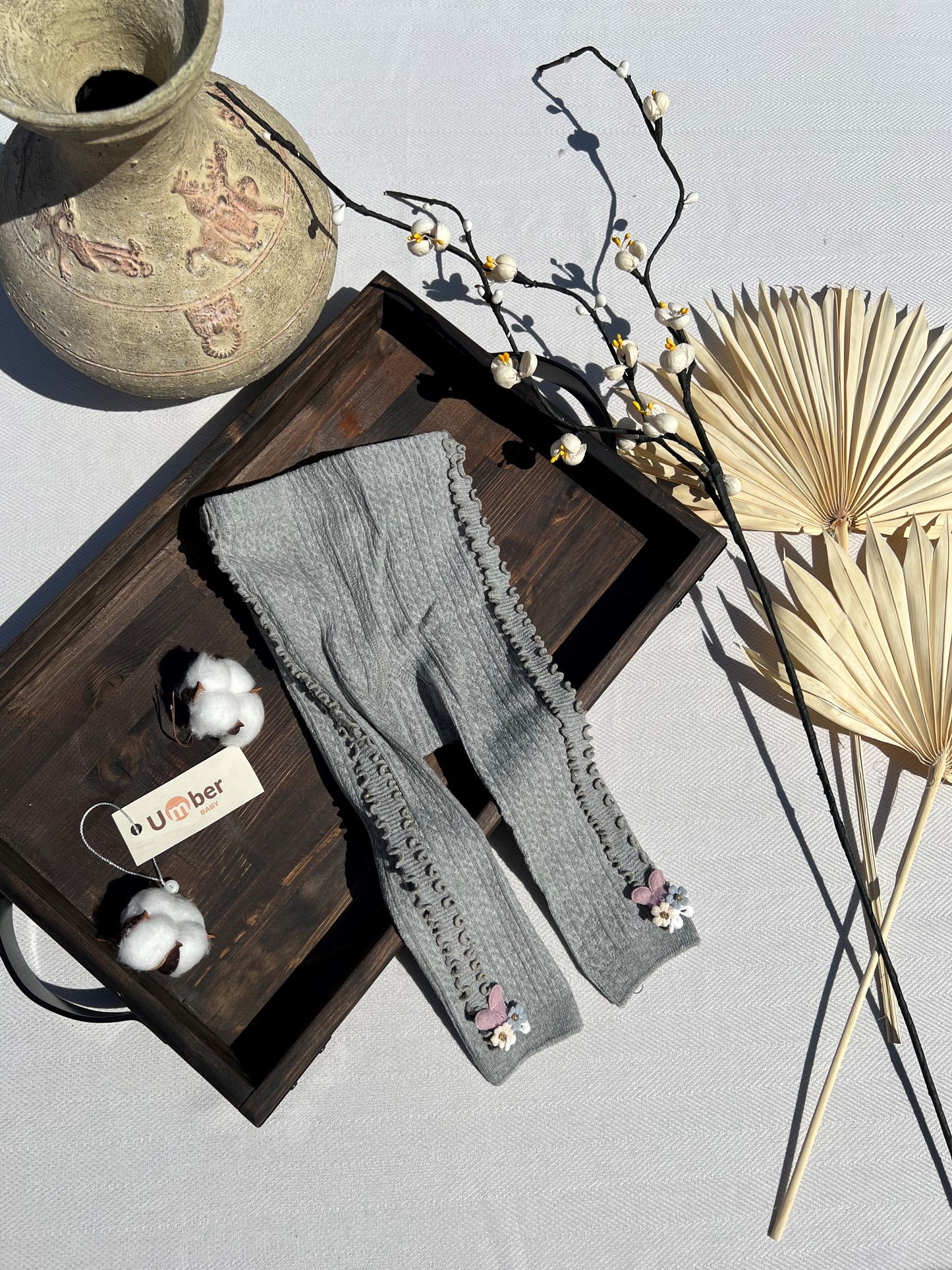 Gray Side Ruffle Ribbed Baby Tights with a Small 3D Cluster of Flowers at the Bottom of Each Leg