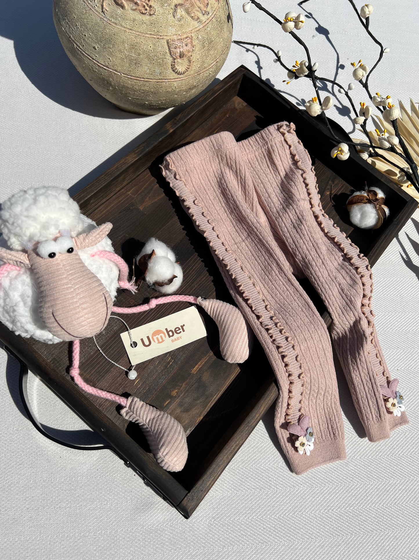 Dusty Pink Side Ruffle Ribbed Baby Tights with a Small 3D Cluster of Flowers at the Bottom of Each Leg