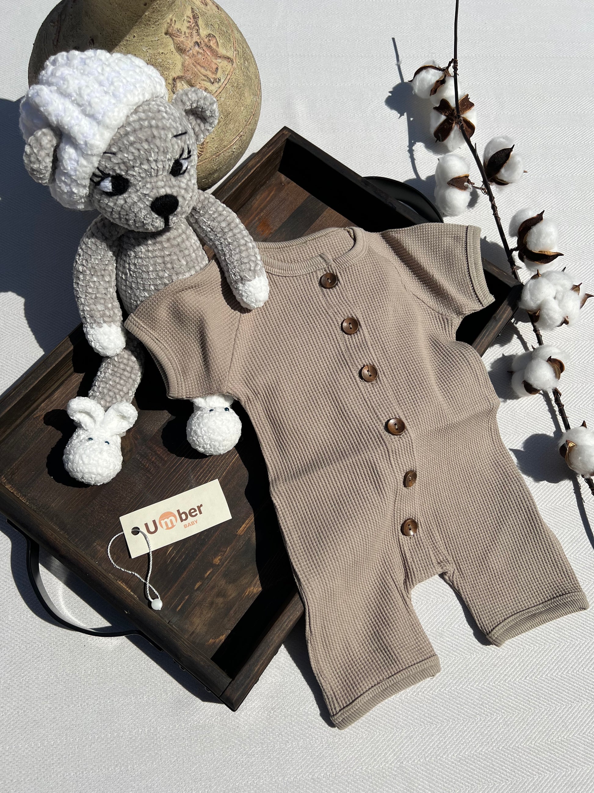Taupe Short Sleeve Button-up Waffle Baby Romper