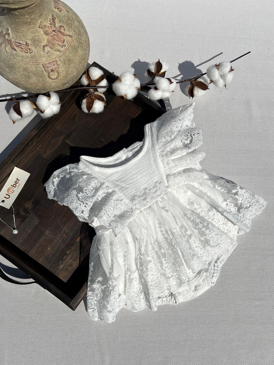 White Lace Ruffle Sleeve Baby Dress with Embroidered Flower Details