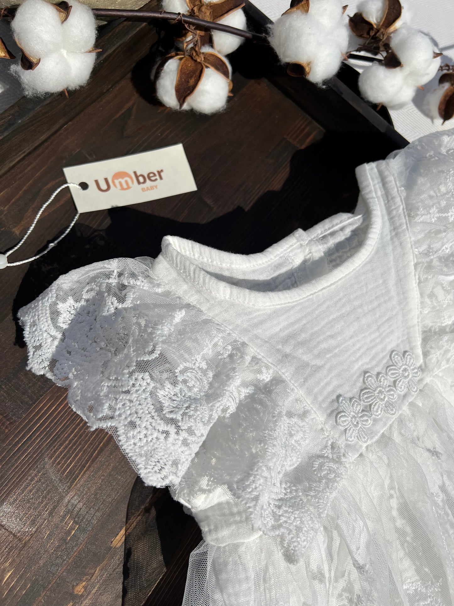 White Lace Ruffle Sleeve Baby Dress with Embroidered Flower Details