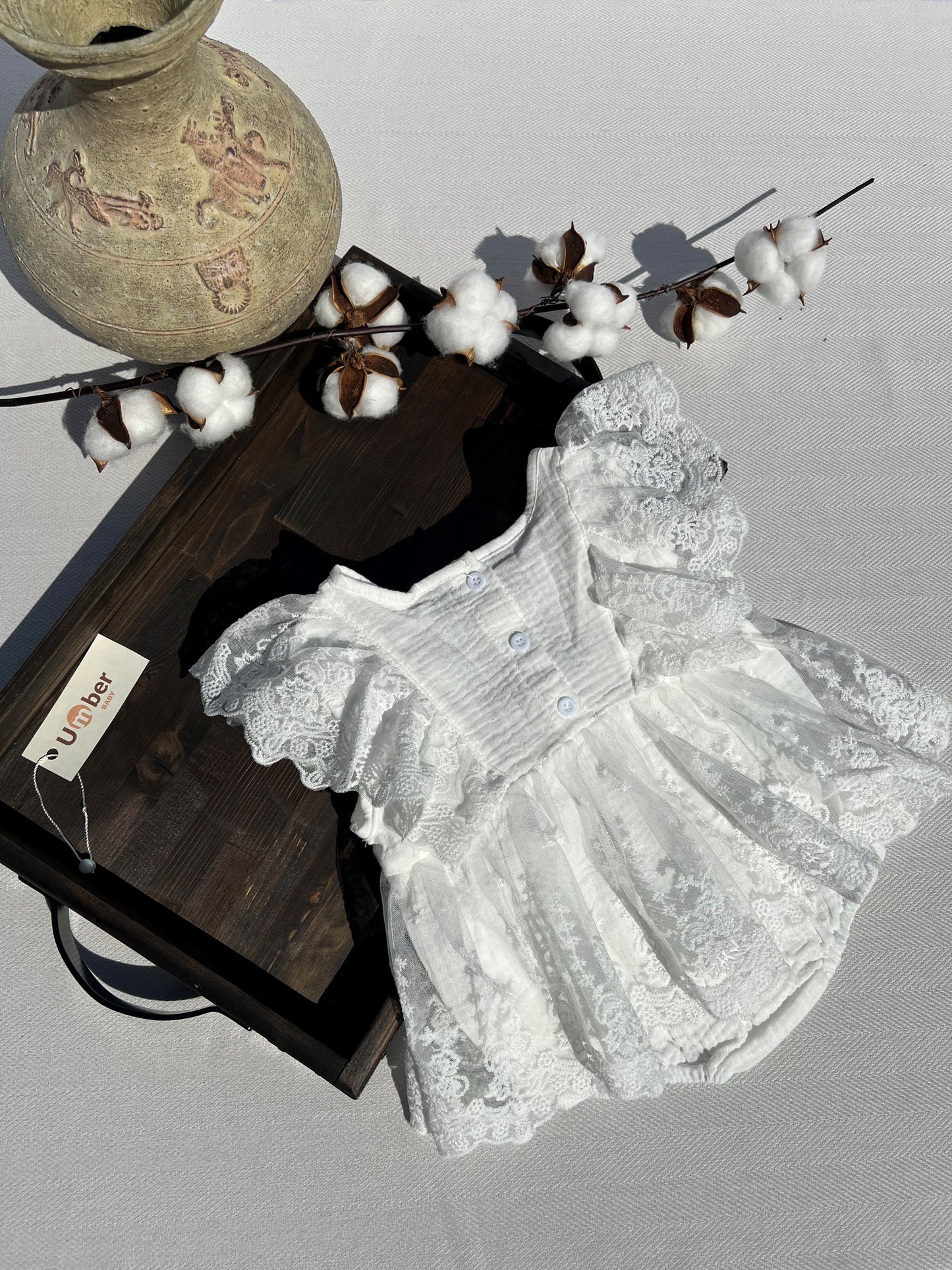 White Lace Ruffle Sleeve Baby Dress with Embroidered Flower Details with Button-up Back