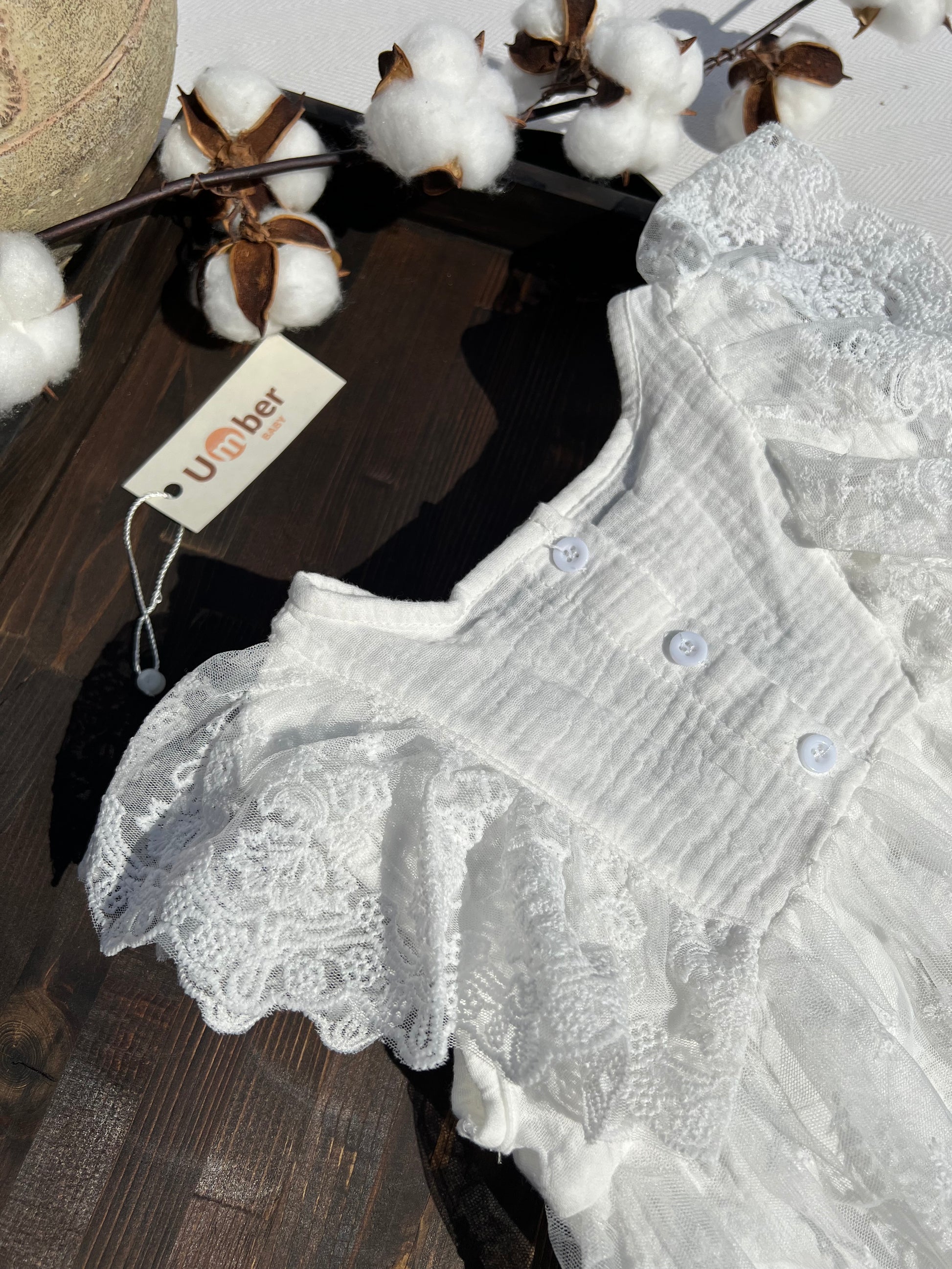 White Lace Ruffle Sleeve Baby Dress with Embroidered Flower Details with Three Buttons at the Back
