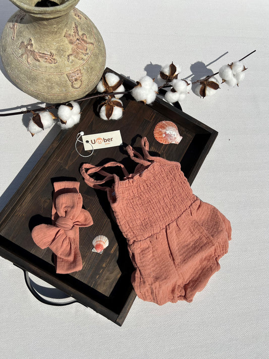Coral Baby Romper and Bow Set