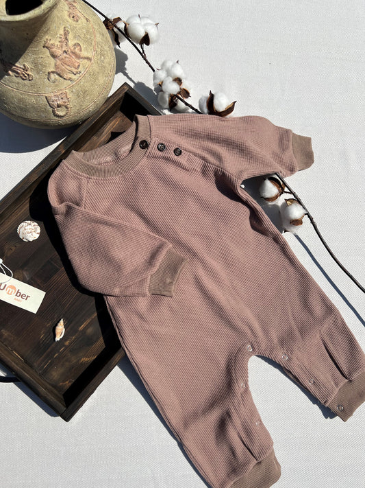 Brown Long Sleeve Waffle Baby Jumpsuit with Snap Leg Closure