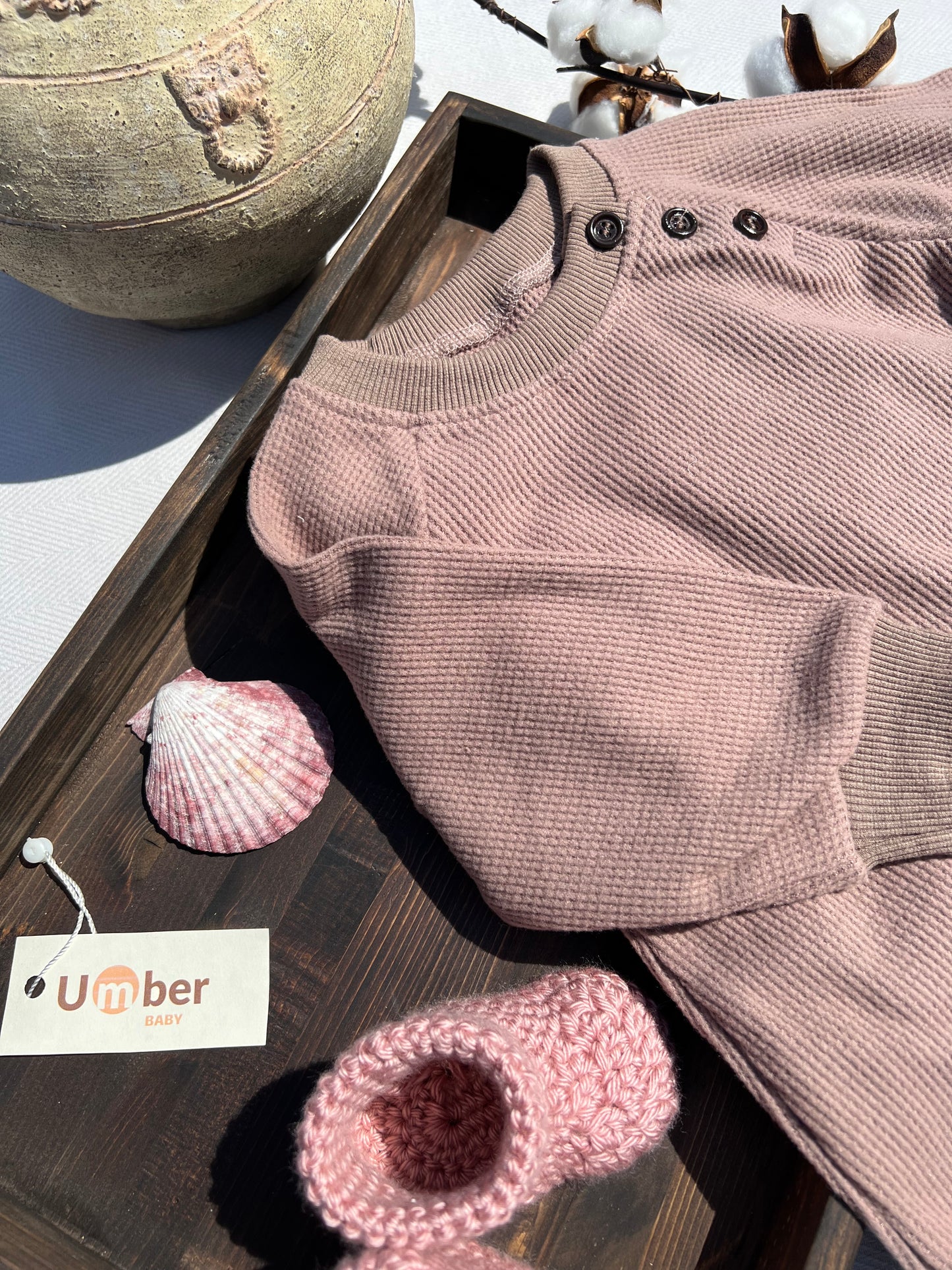 Brown Long Sleeve Waffle Baby Jumpsuit with Three Dark Brown Buttons near Neck