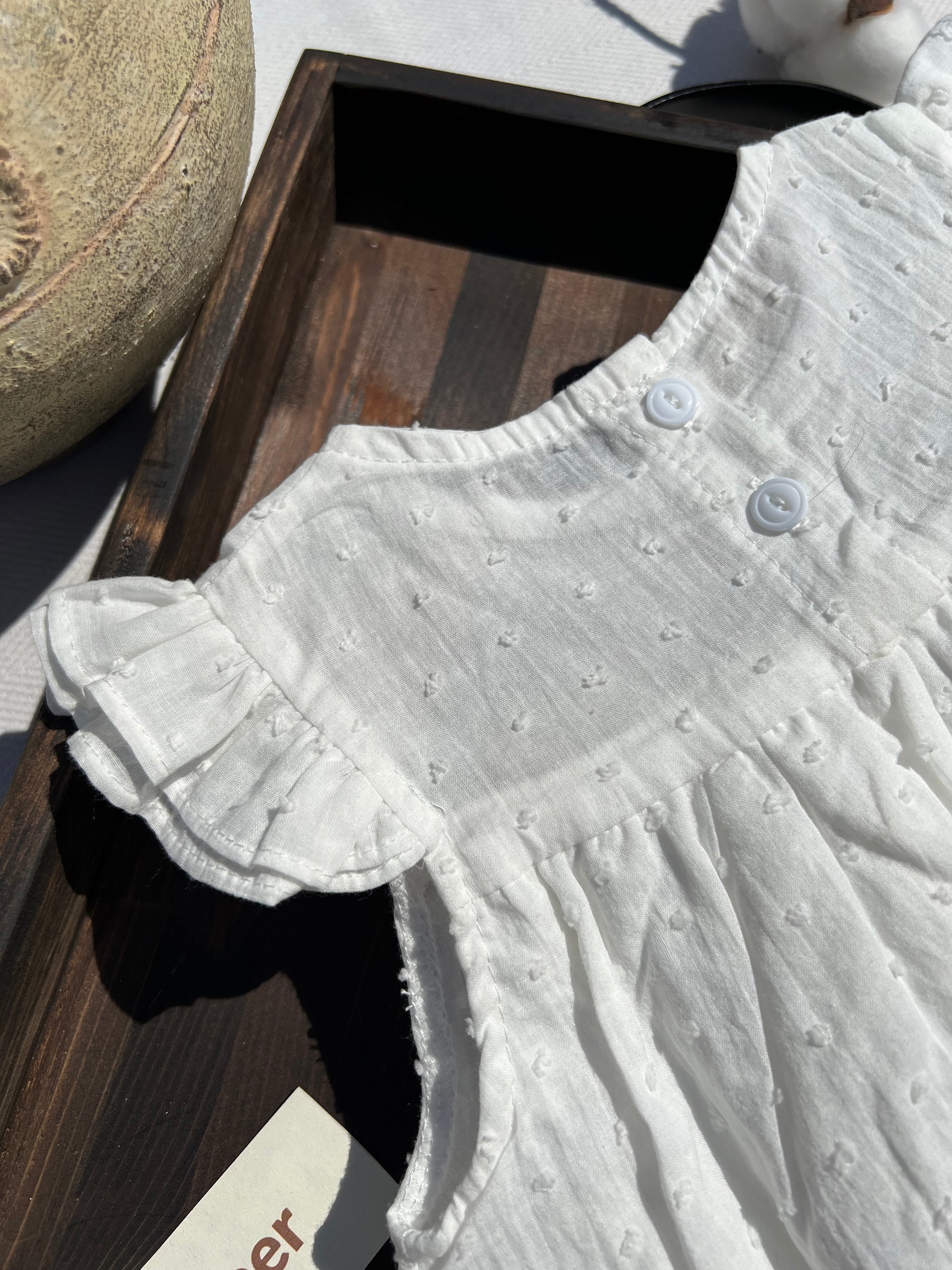 White Ruffle Sleeve Baby Dress Button-up Back Details