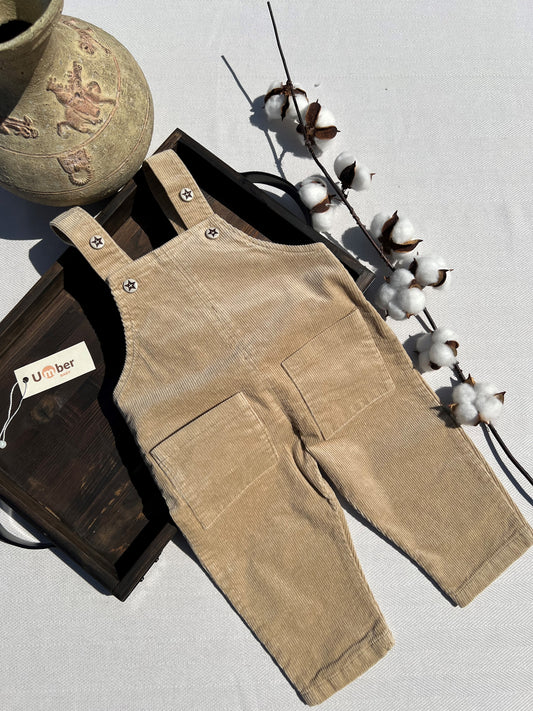 Beige Corduroy Baby Overalls with Two Front Pockets and Adjustable Button-up Straps