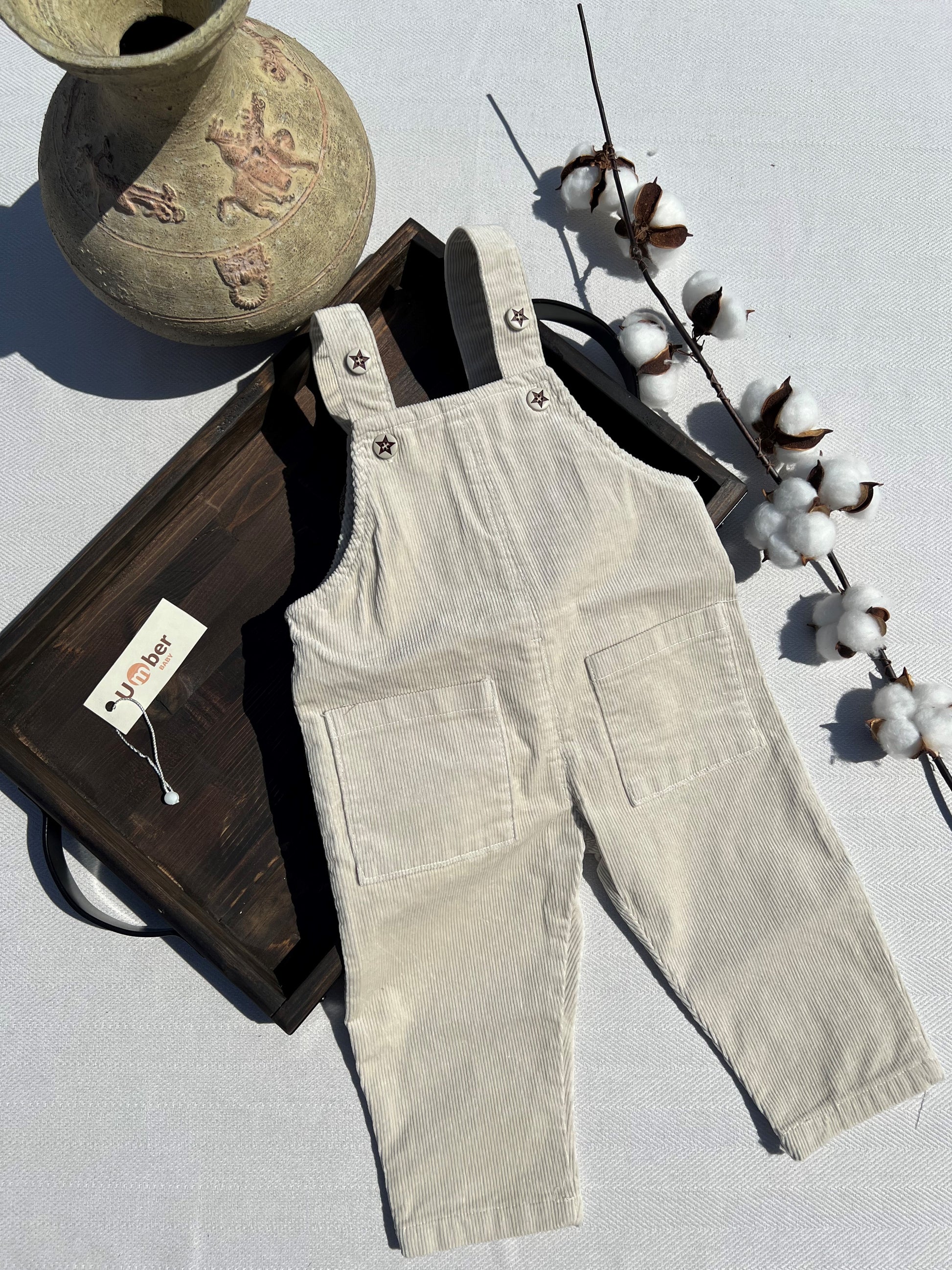 Sand Colored Corduroy Baby Overalls with Two Front Pockets and Adjustable Button-up Straps
