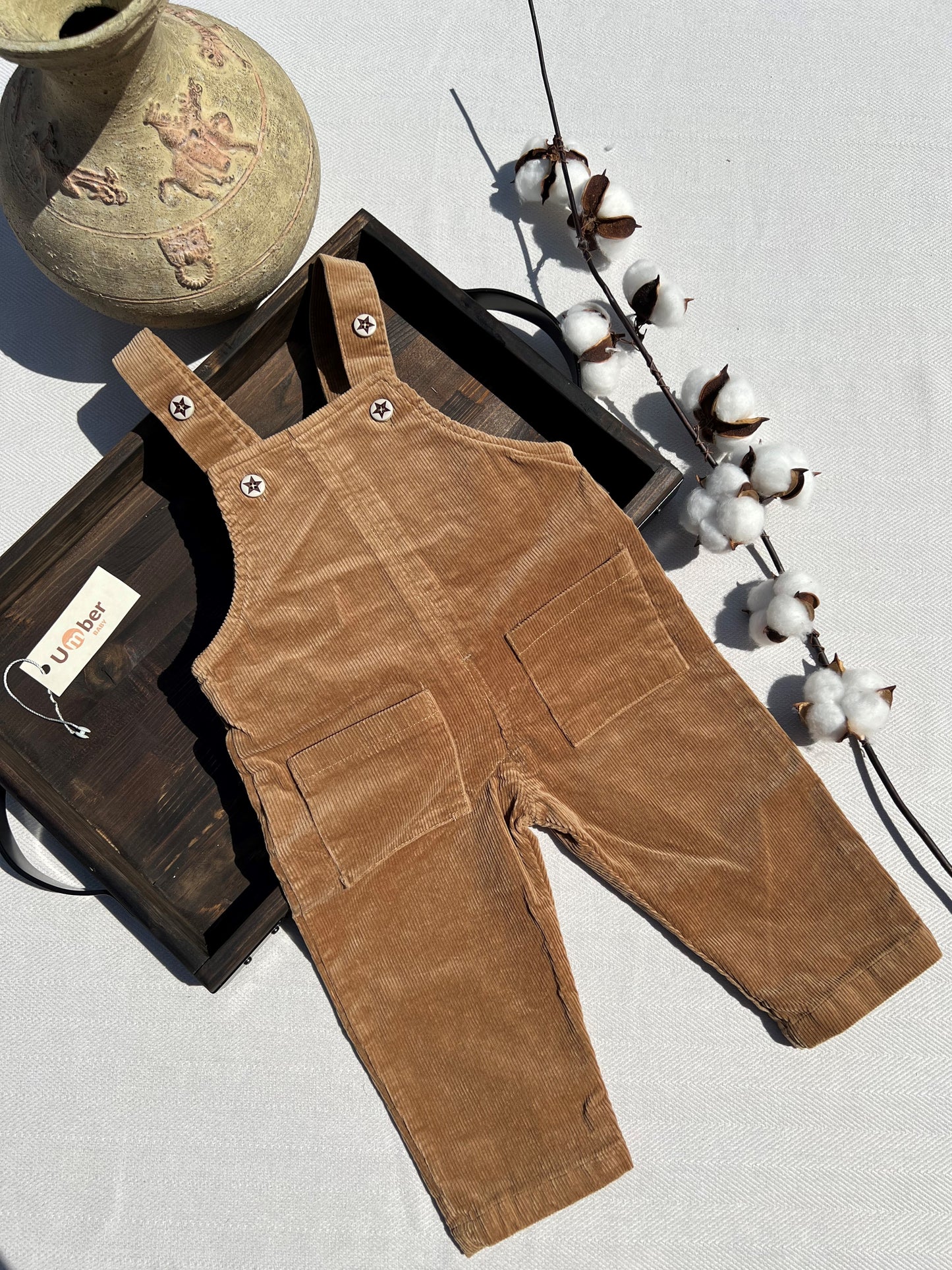Brown Corduroy Baby Overalls with Two Front Pockets and Adjustable Button-up Straps
