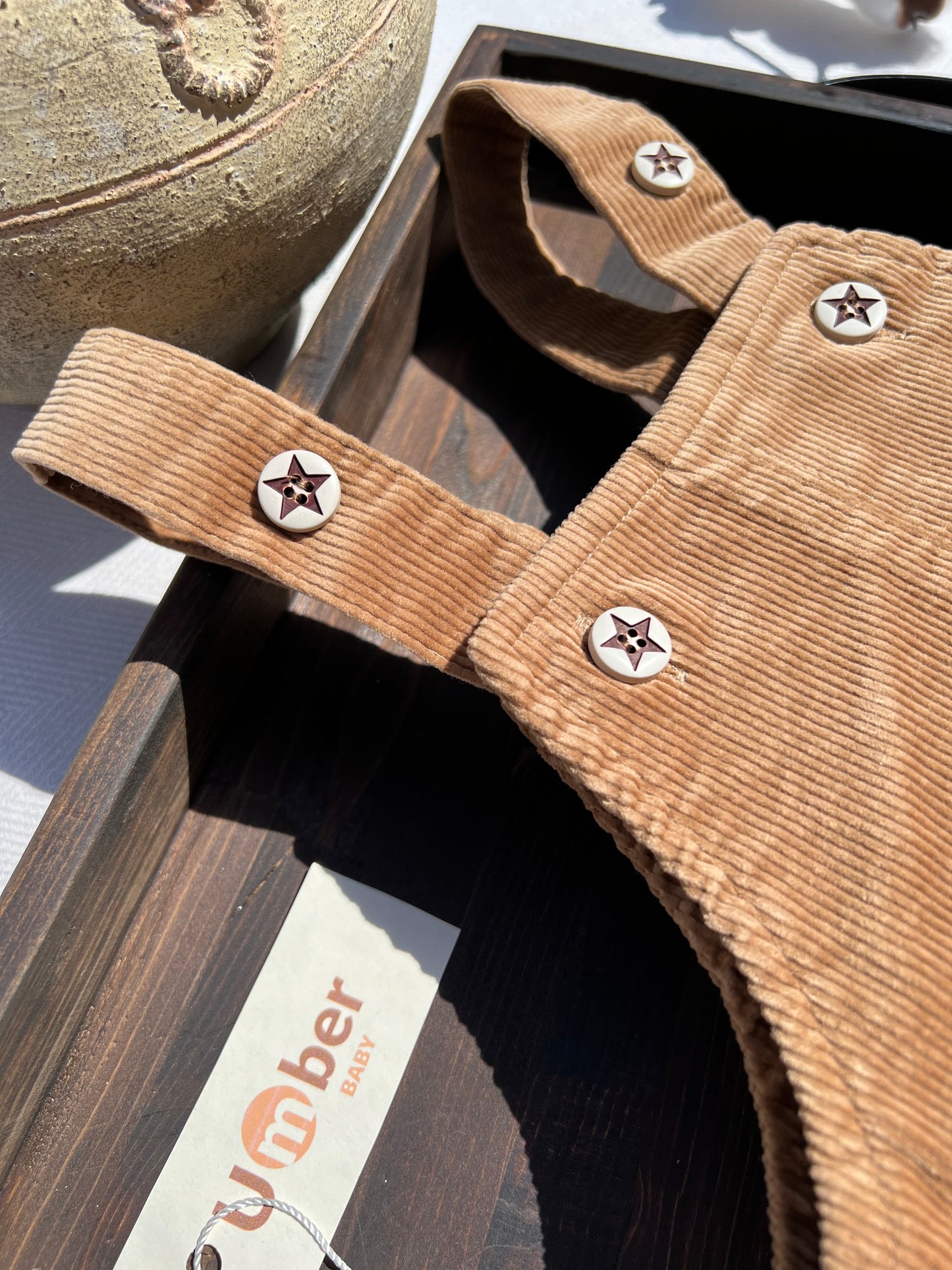 Brown Corduroy Baby Overalls with Adjustable Button-up Straps, Buttons are White with Brown Stars