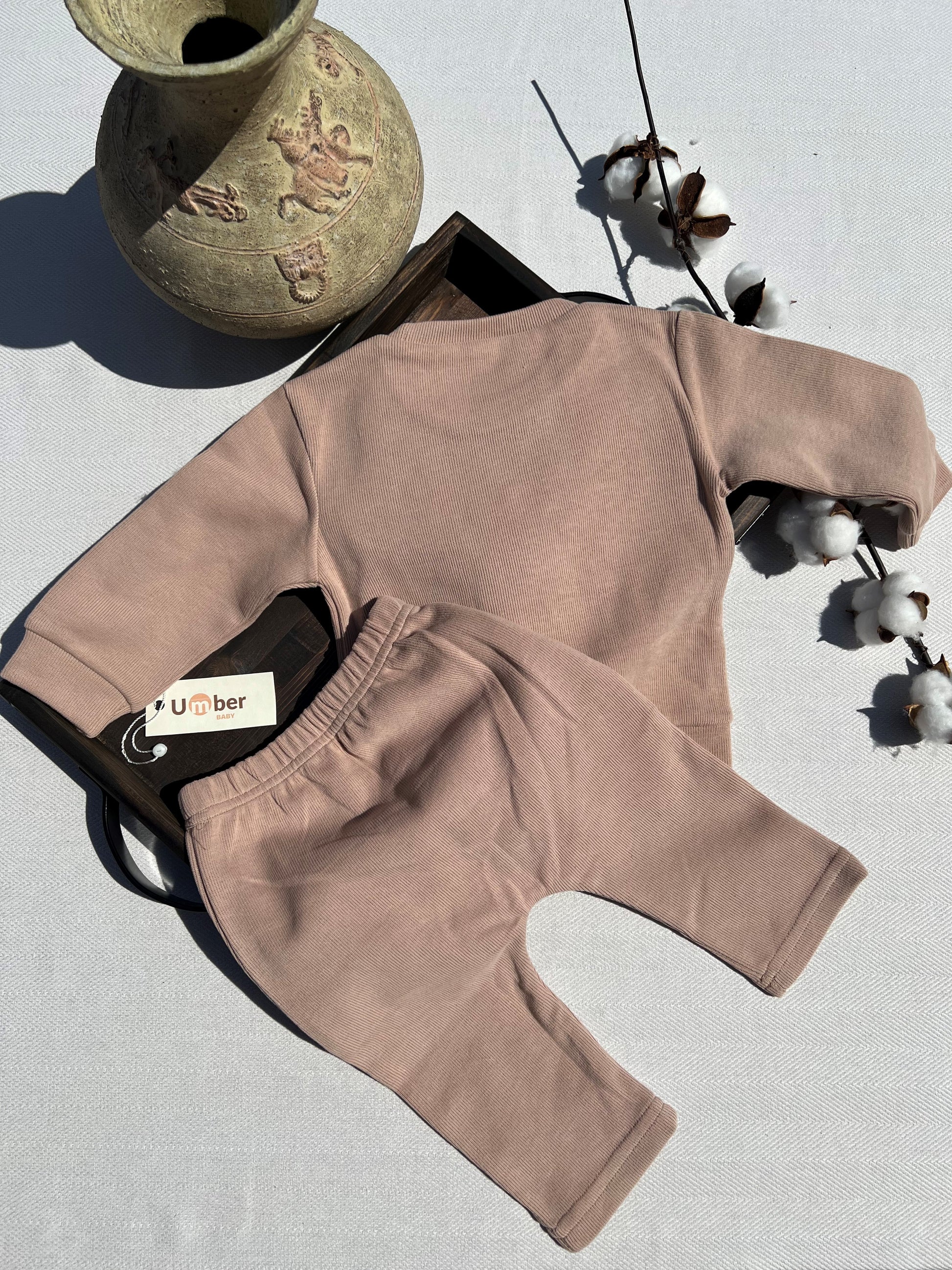 Back of Brown Baby Sweatsuit Set with Long Sleeve Sweatshirt and Sweatpants