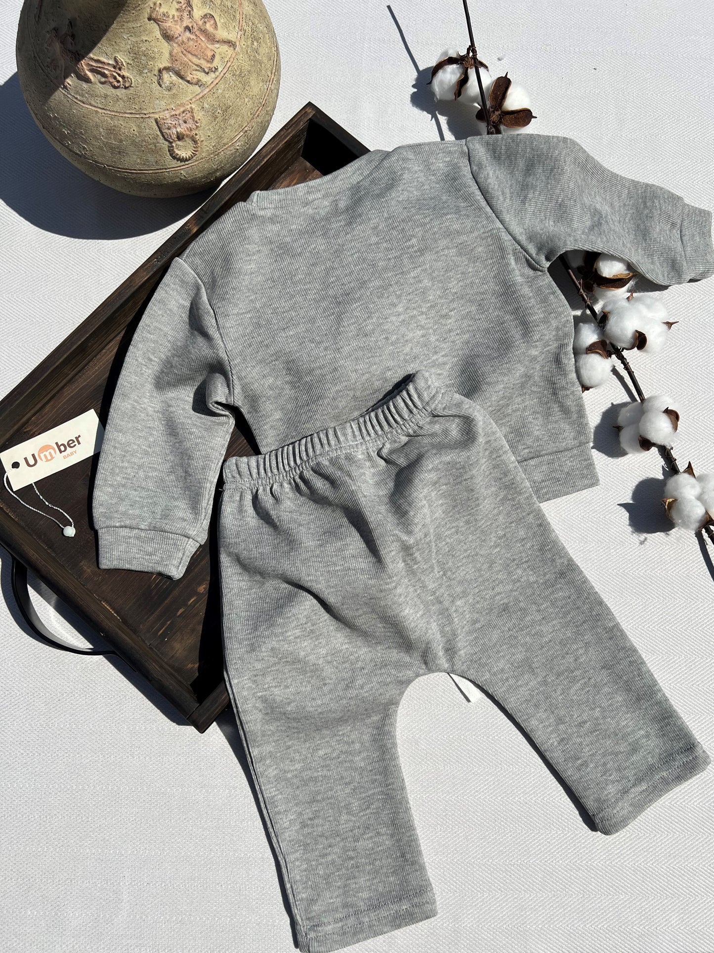 Back of Gray Baby Sweatsuit Set with Long Sleeve Sweatshirt and Sweatpants