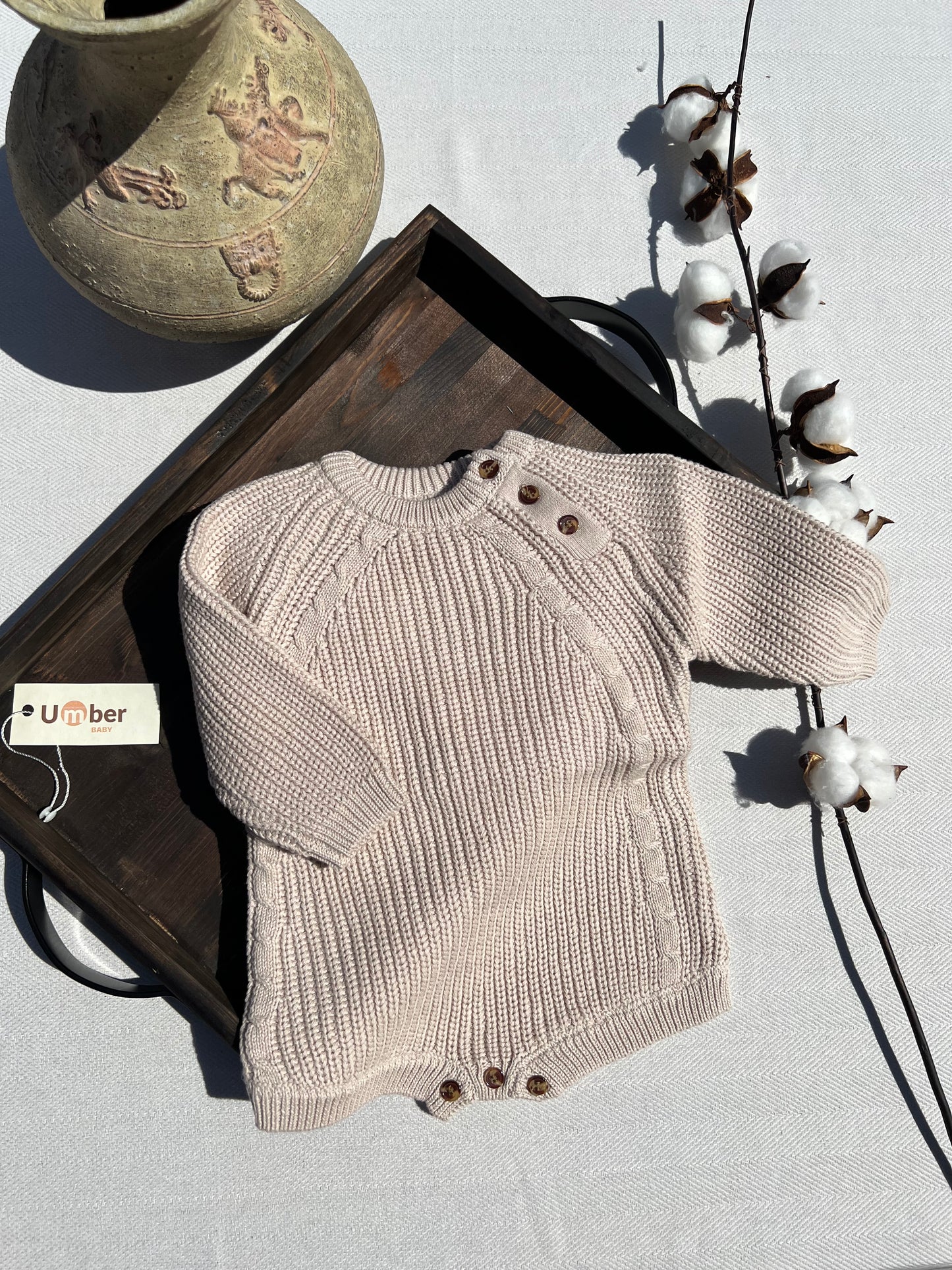 Sand Colored Knitted Long Sleeve Baby Sweater Romper