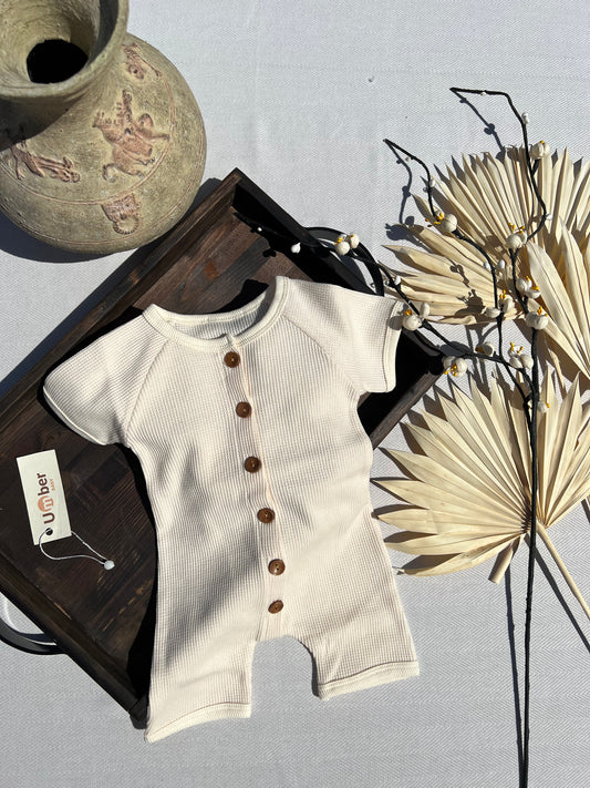 Beige Short Sleeve Button-up Waffle Baby Romper