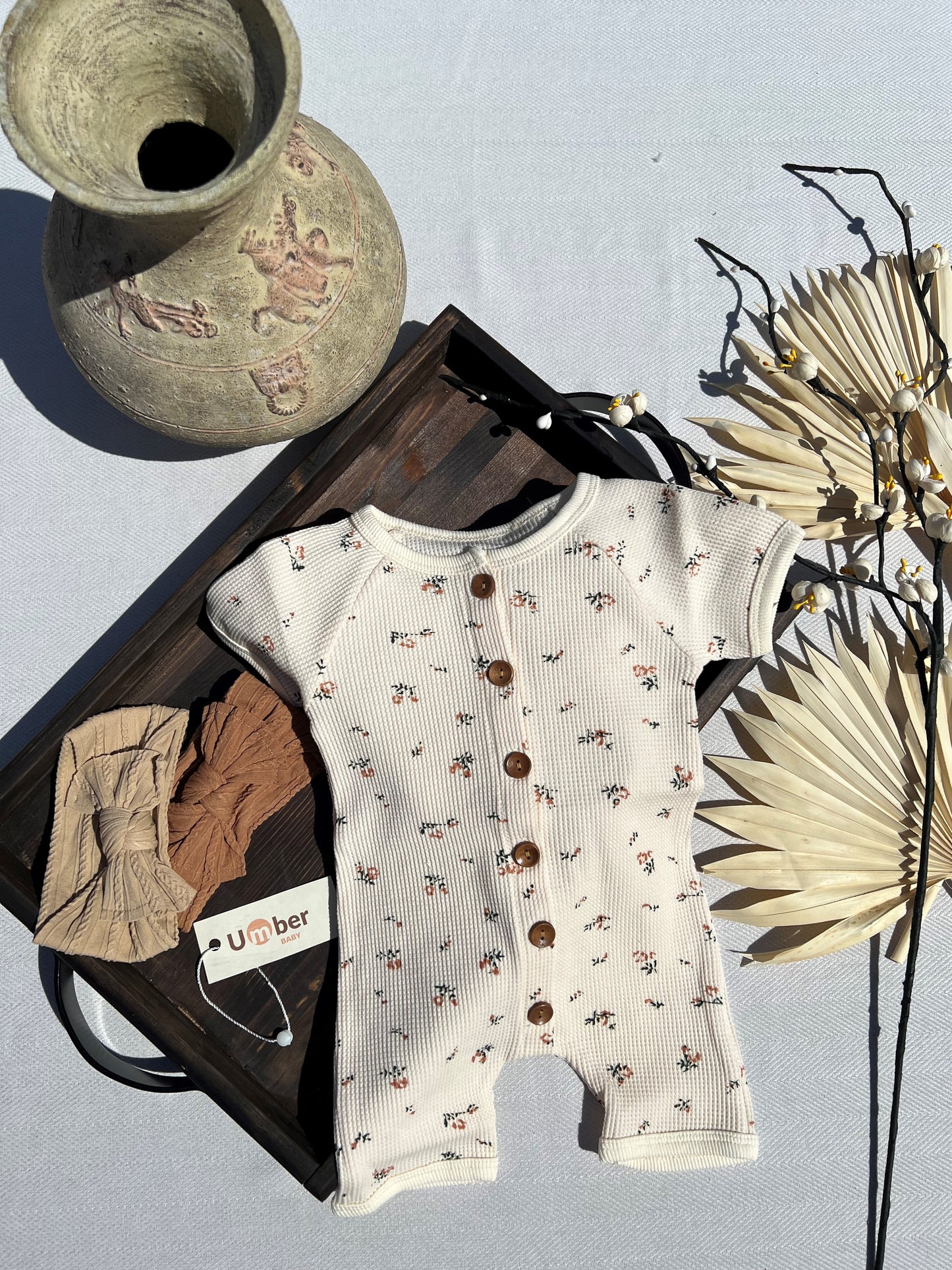 Beige Short Sleeve Button-up Waffle Baby Romper with Small Pink Flower Pattern