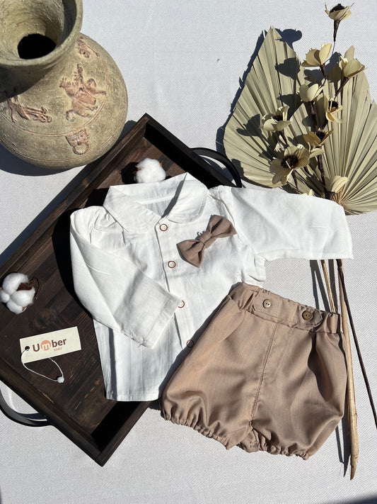 Formal Baby Three Piece Set with White Button-up Dress Shirt, Cappuccino Colored Shorts, and Matching Bow Tie