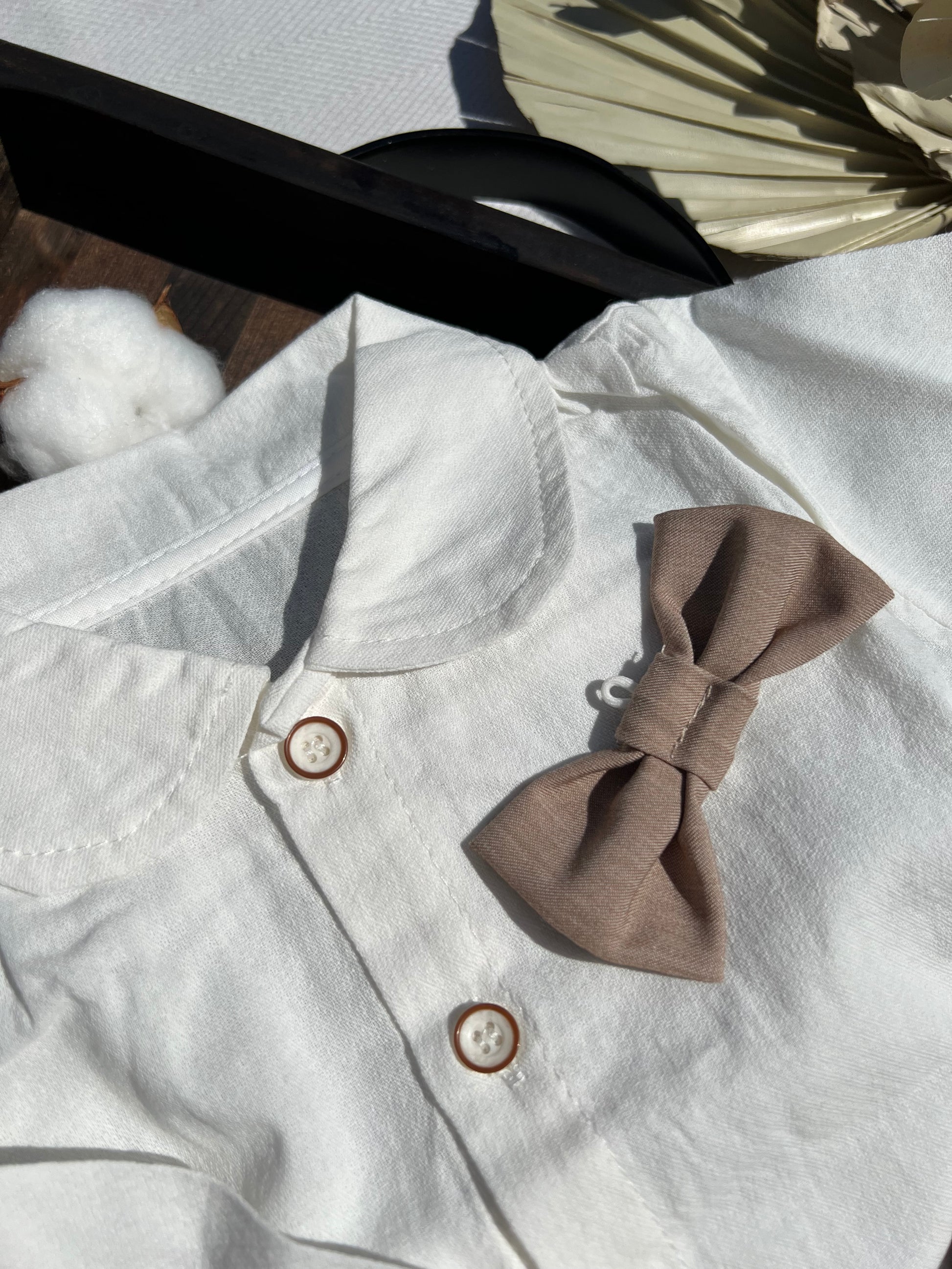 Formal Baby White Button-up Dress Shirt and Cappuccino Colored Bow Tie