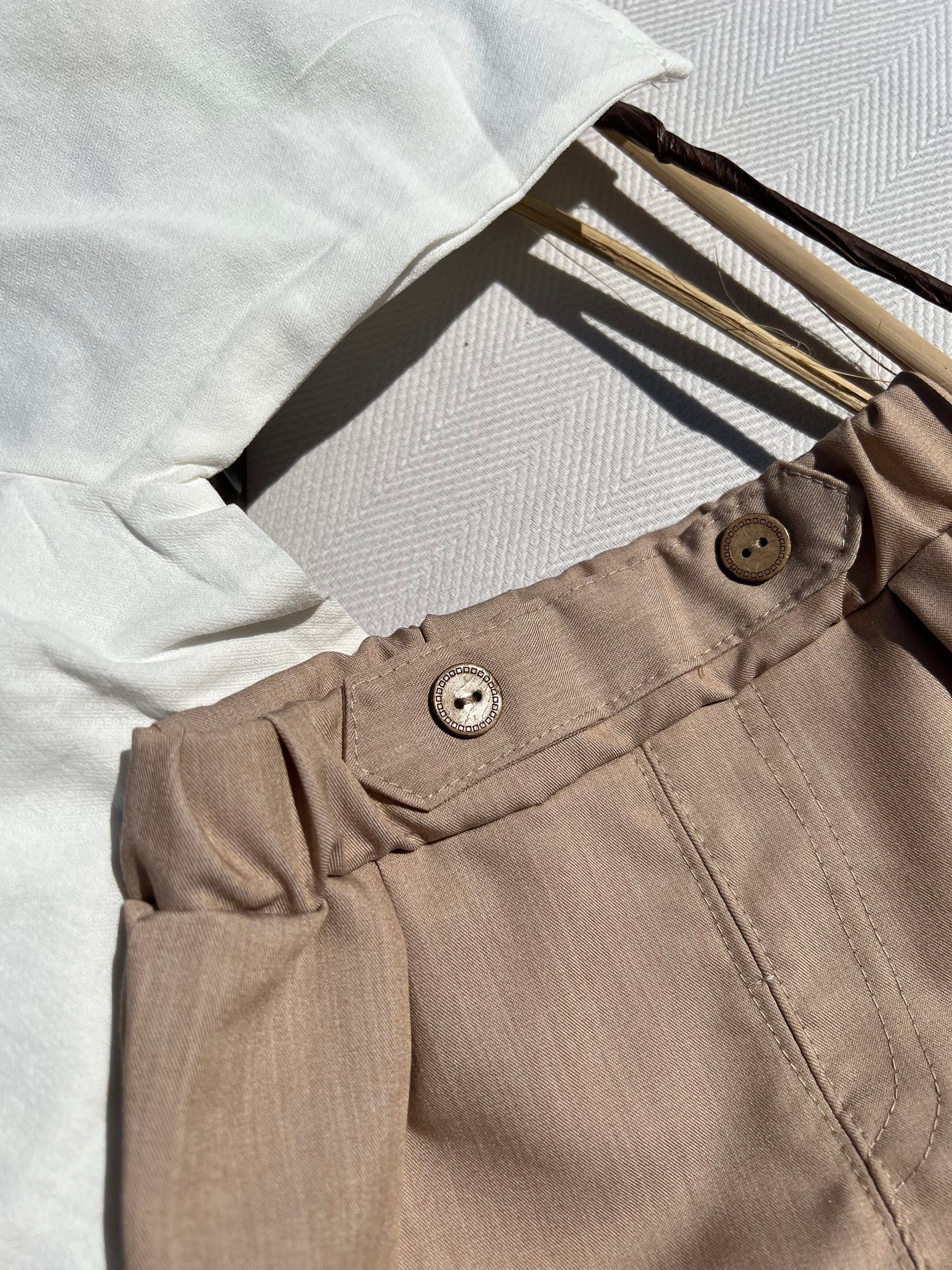 Formal Baby Cappuccino Colored Shorts with Two Faux Buttons at the Waist and Elastic Waist