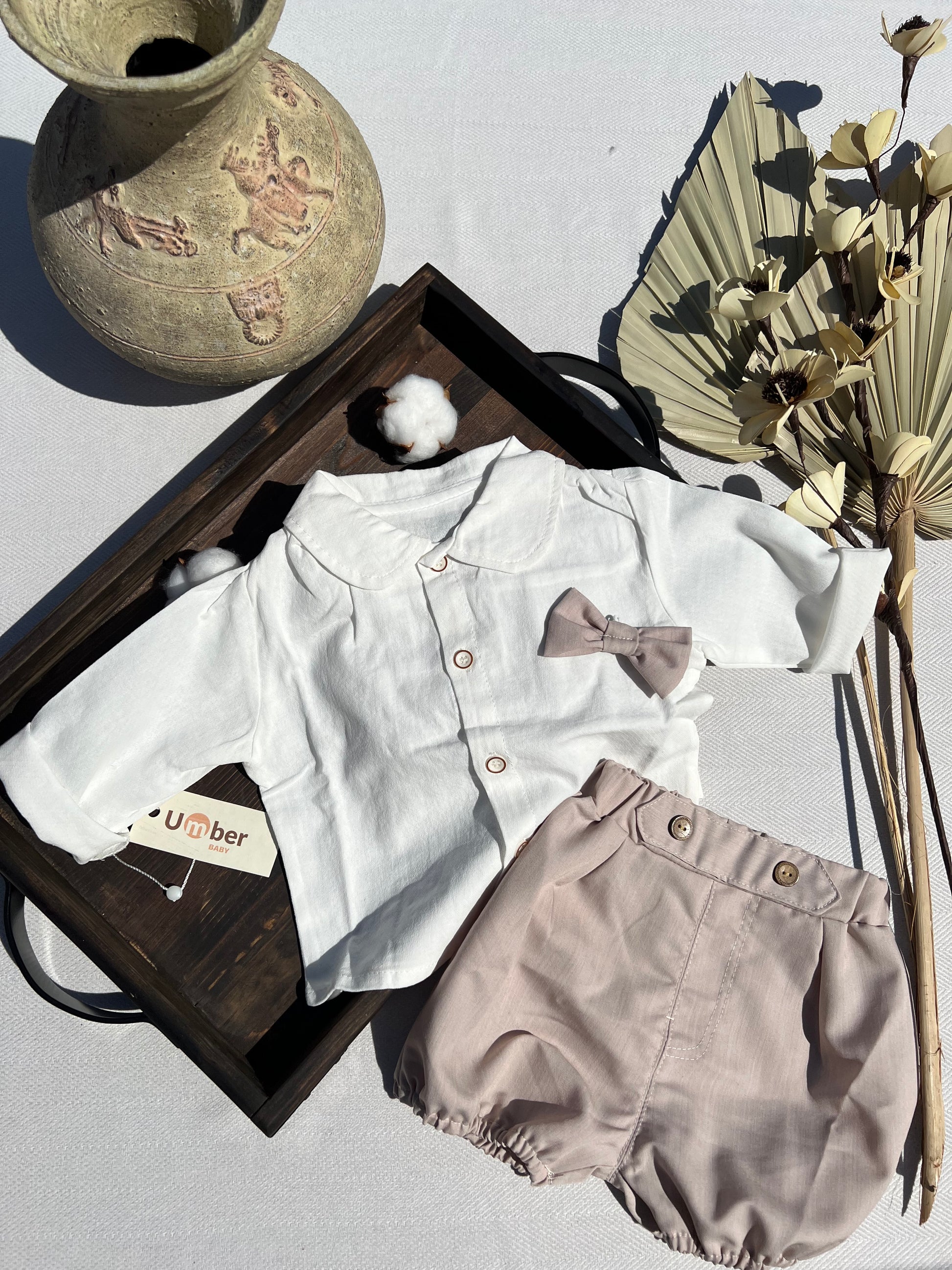 Formal Baby Three Piece Set with White Button-up Dress Shirt, Latte Colored Shorts, and Matching Bow Tie