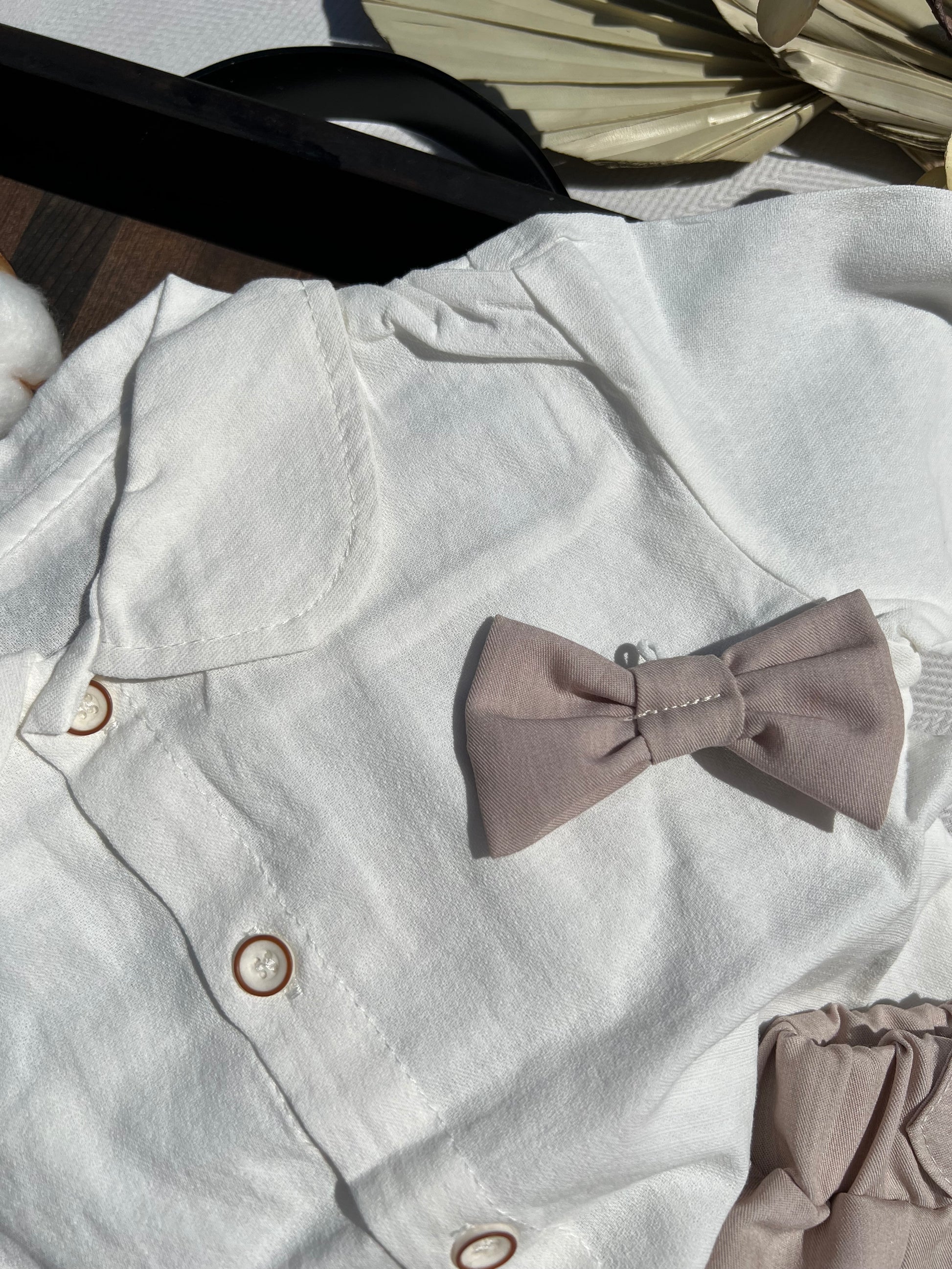 Formal Baby White Button-up Dress Shirt and Latte Colored Bow Tie