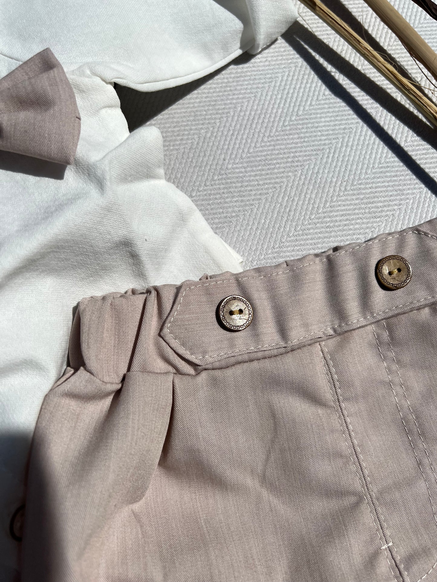 Formal Baby Latte Colored Shorts with Two Faux Buttons at the Waist and Elastic Waist