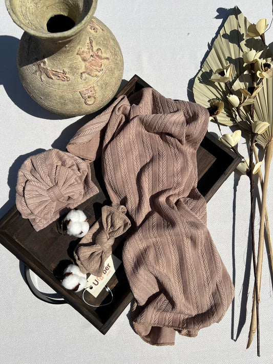 Taupe Baby Swaddle Blanket, Head wrap, and Bow Headband Set