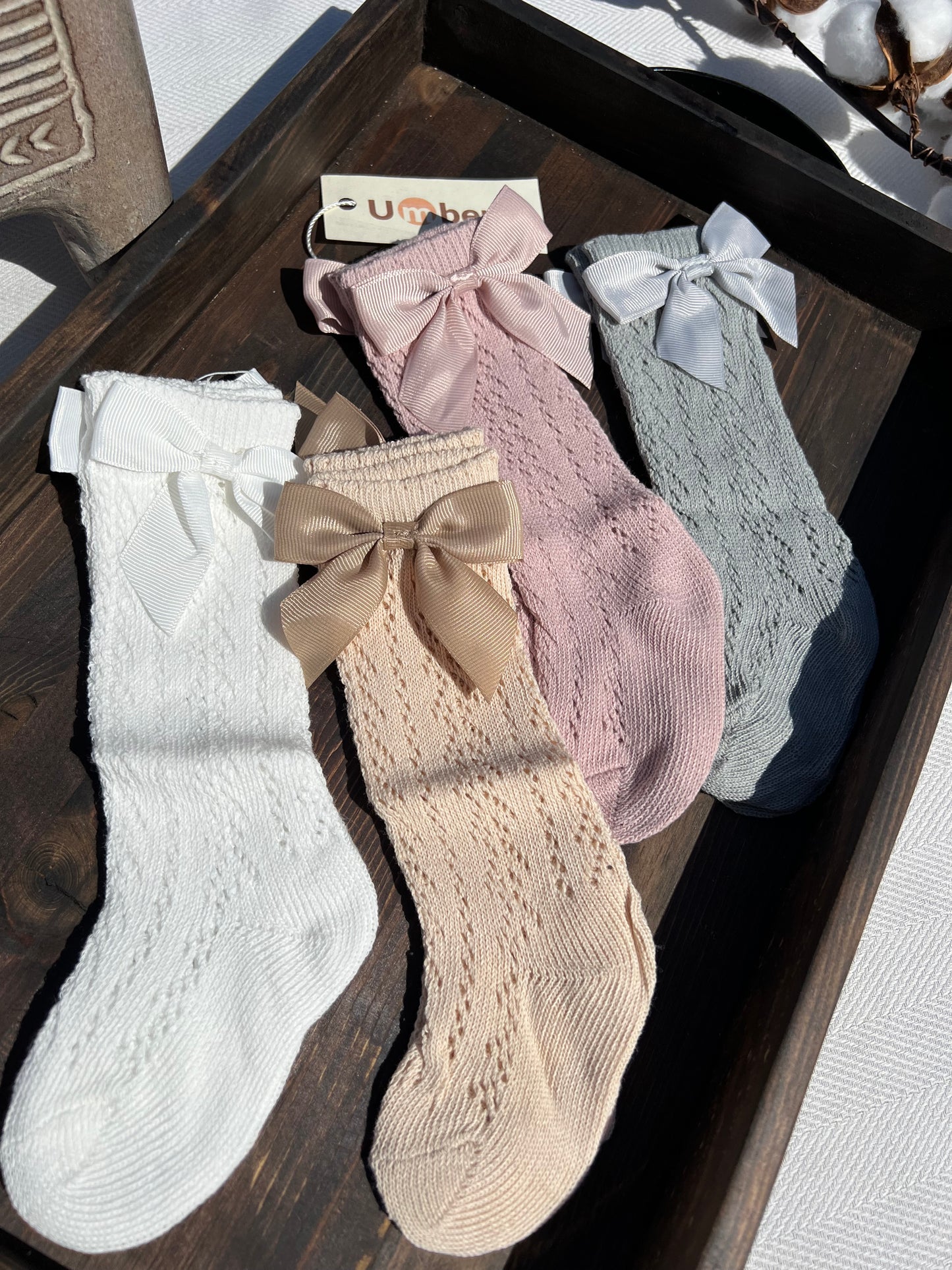 White, Beige, Pink, and Gray Bow Knee High Baby Socks
