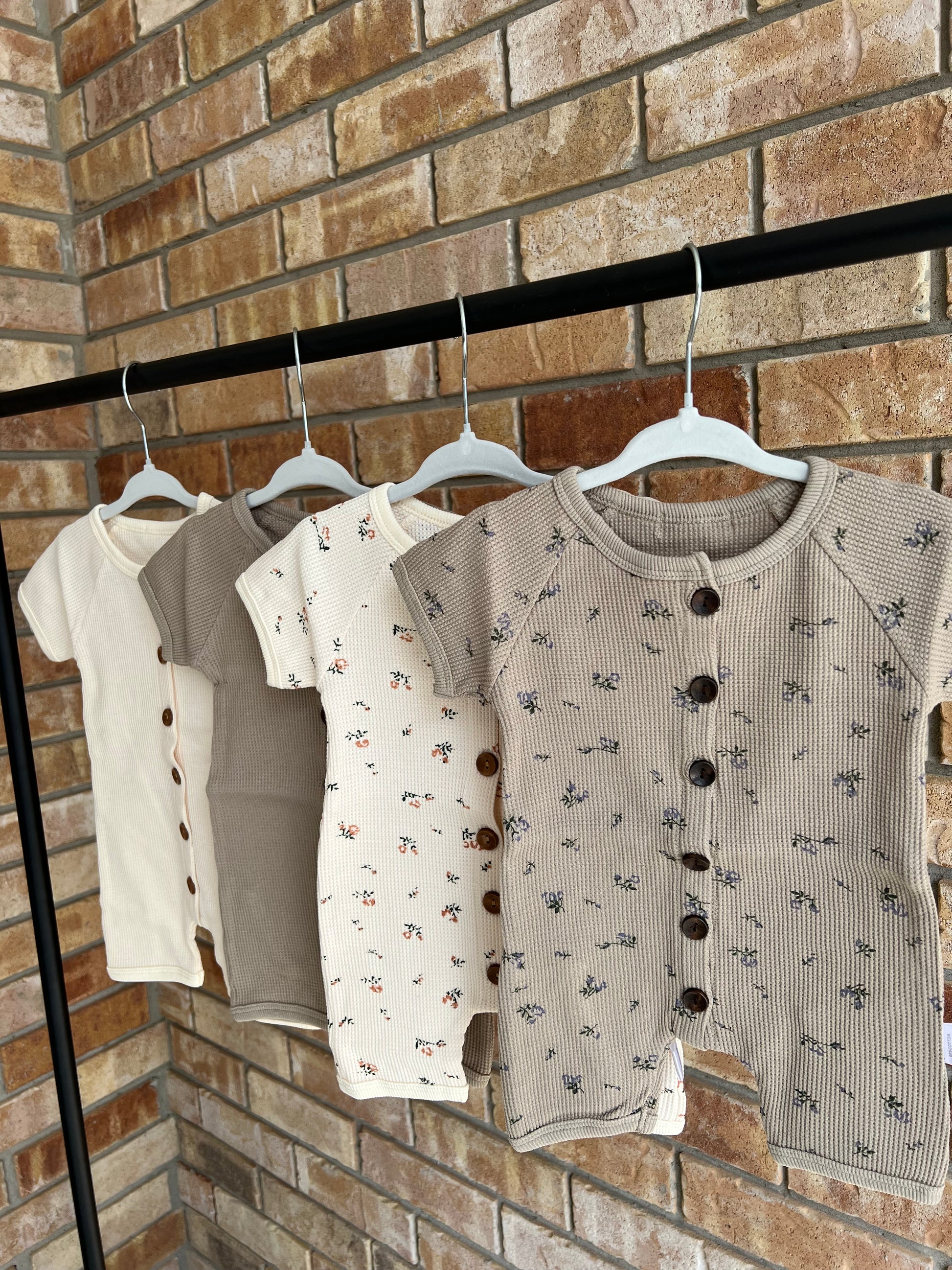 Beige, Taupe, Beige Flower, and Taupe Flower Short Sleeve Button-up Waffle Baby Rompers